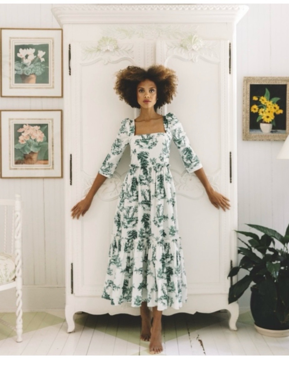 Green Floral Square-Neck Tiered Midi Dress